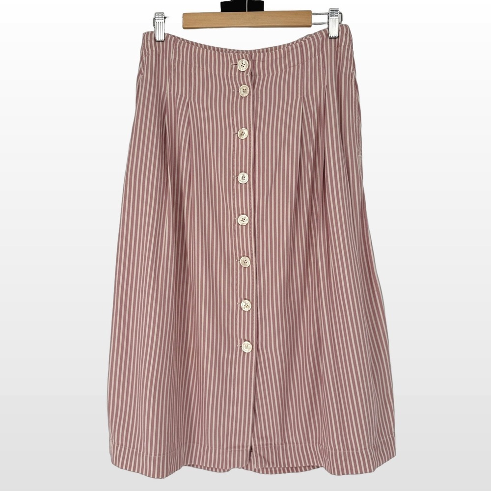 Talbots Nantucket Red Striped Midi Skirt Sz 8 Button Front Cotton Coastal Preppy